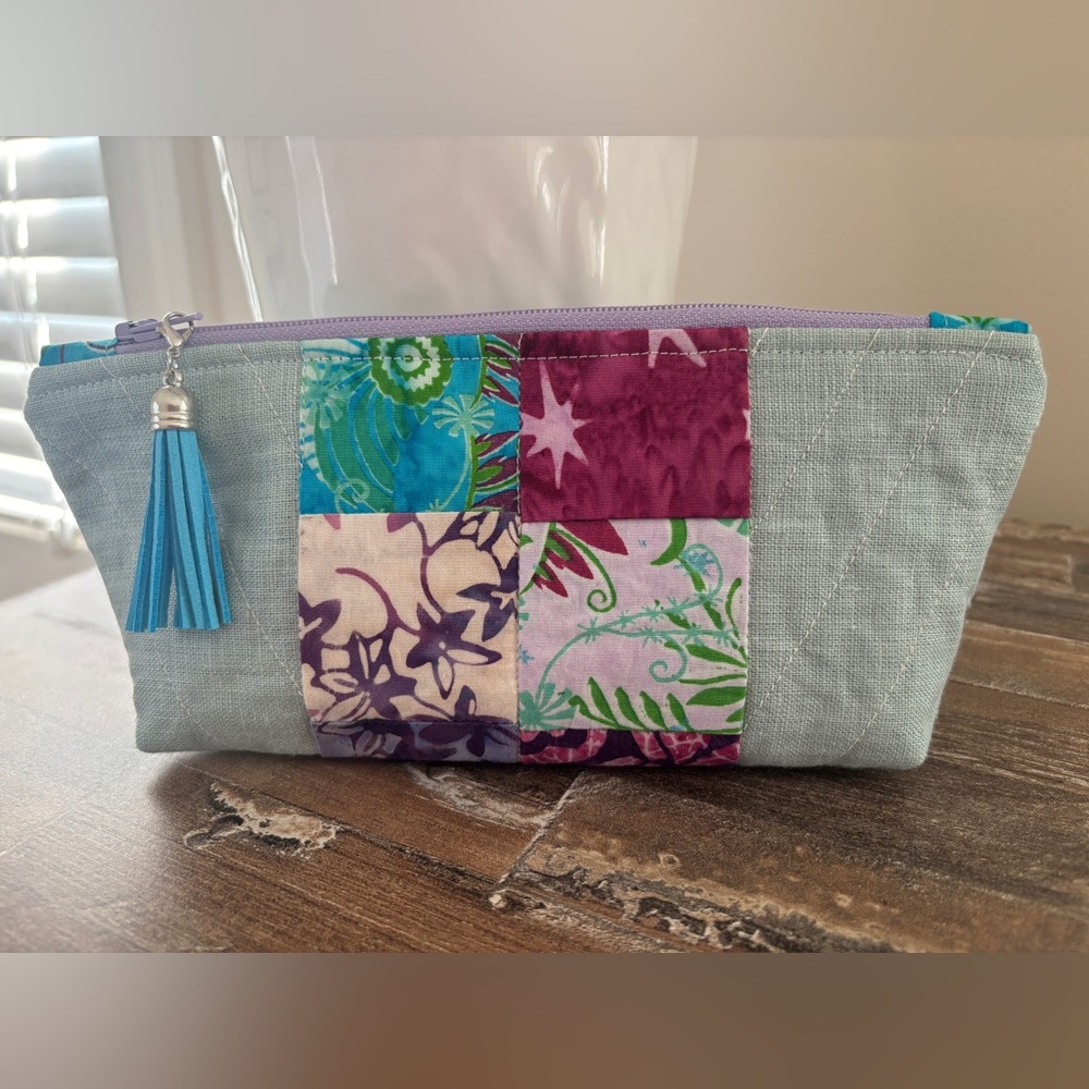 Quilted Patchwork Light Blue Cosmetic Pouch with Purple Accents